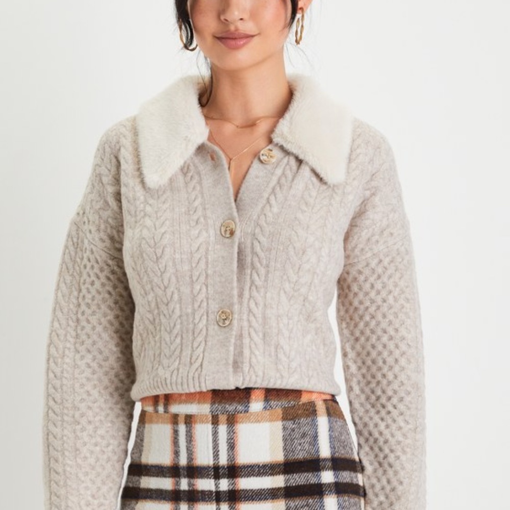 Lulus Cozy Luxury Taupe Cable Knit Faux Fur Collared Cardigan - Size XS